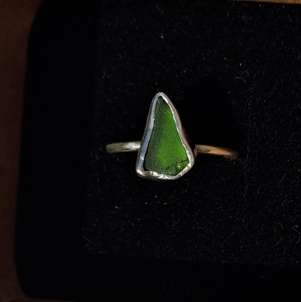 Green triangle sea glass ring