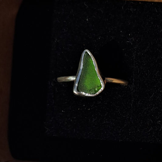 Green triangle sea glass ring