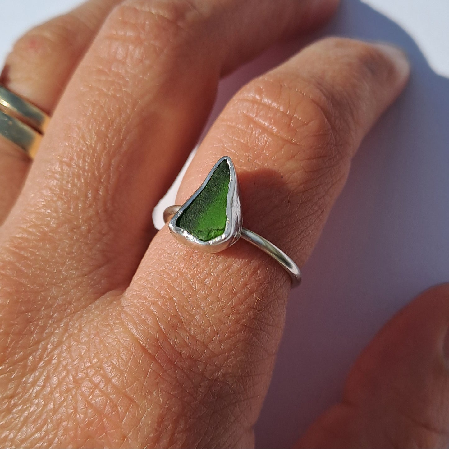 Green triangle sea glass ring