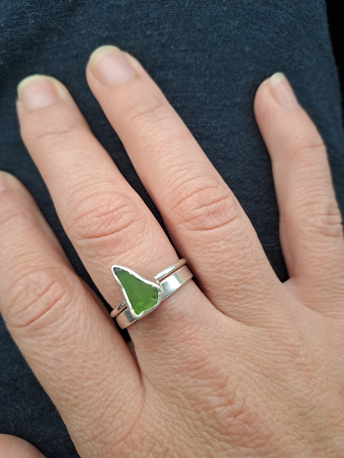 Green triangle sea glass ring