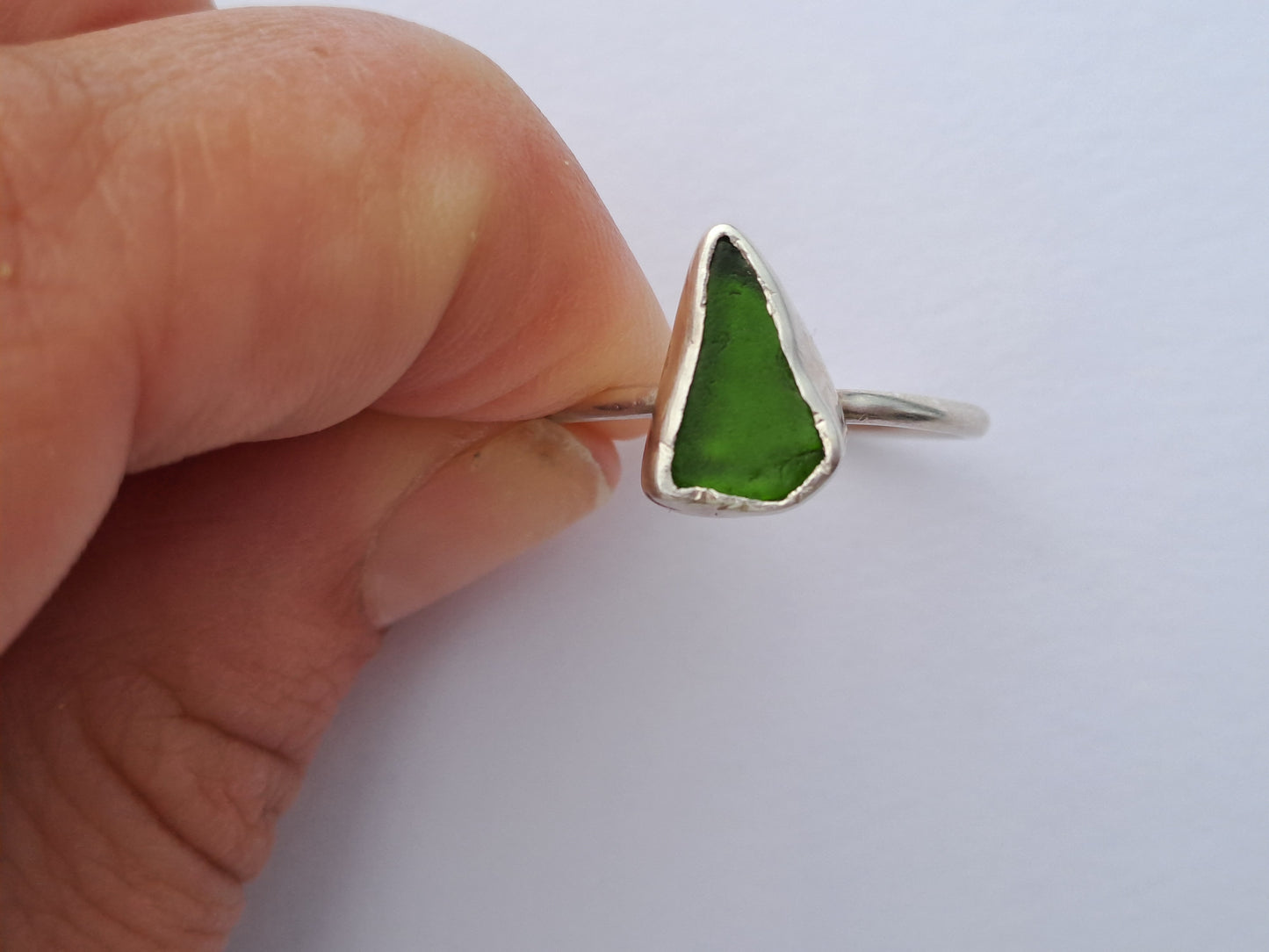 Green triangle sea glass ring